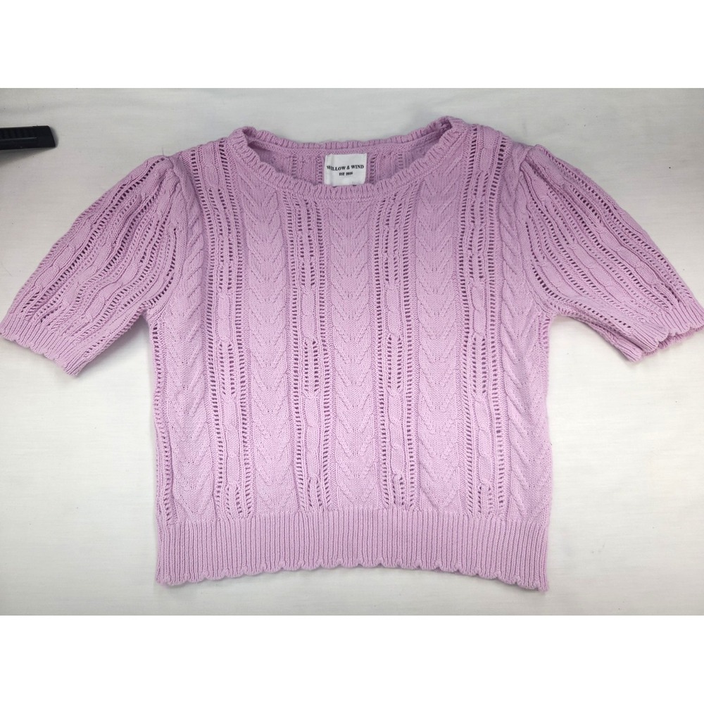 Willow & Wind Sweater Womens Small Purple Short Sleeve Crop Pointelle Cable Knit